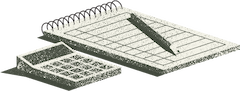 A stylized pencil and calculator