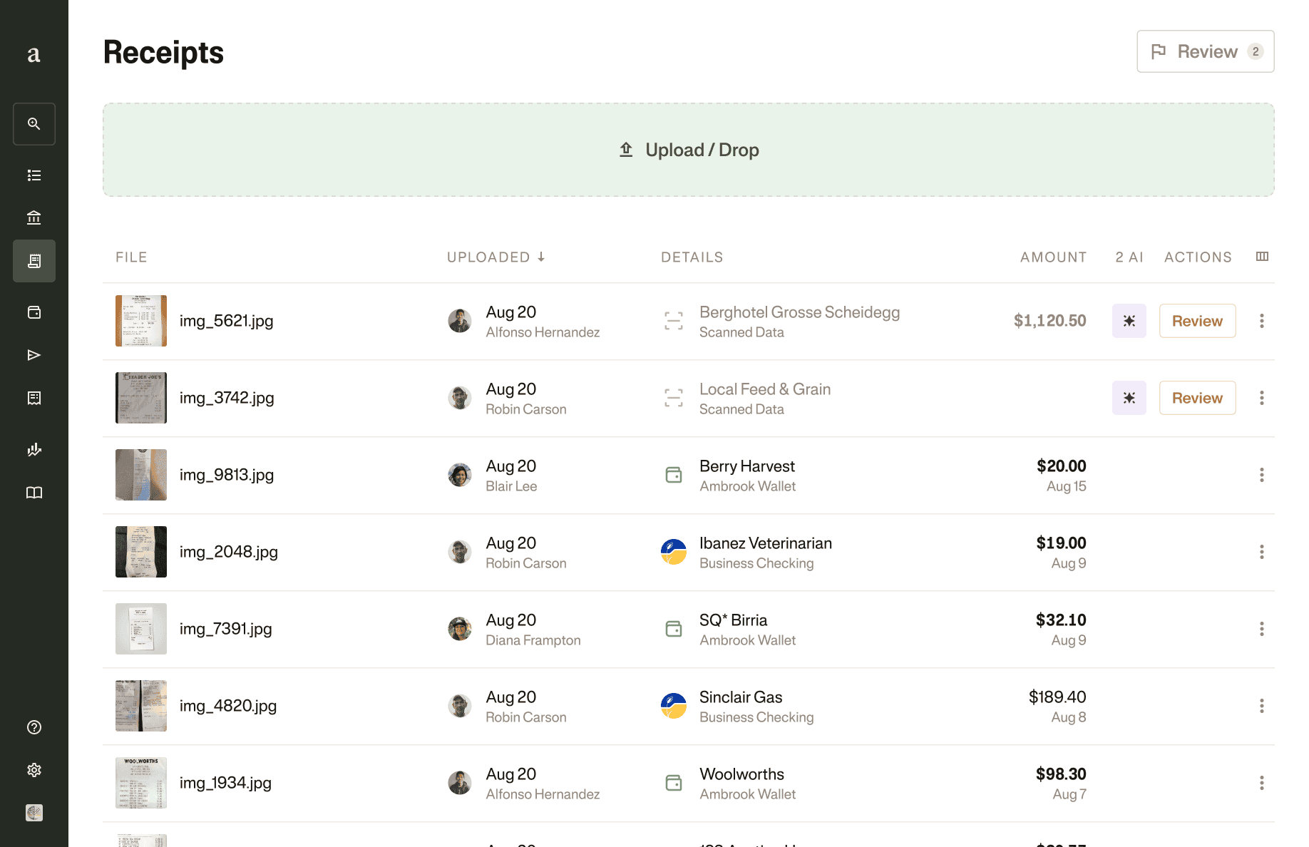 Laptop user interface mockup of receipt capture and management on Ambrook